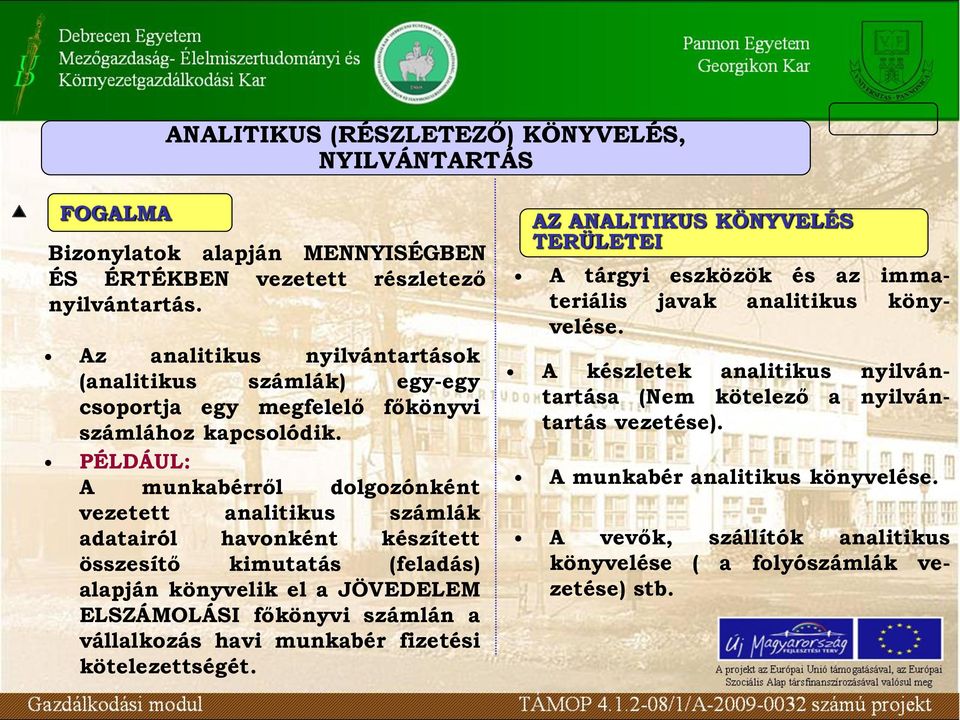 alapján könyvelik el a JÖVEDELEM ELSZÁMOLÁSI főkönyvi számlán a vállalkozás havi munkabér fizetési kötelezettségét AZ ANALITIKUS KÖNYVELÉS TERÜLETEI A tárgyi eszközök és az immateriális javak