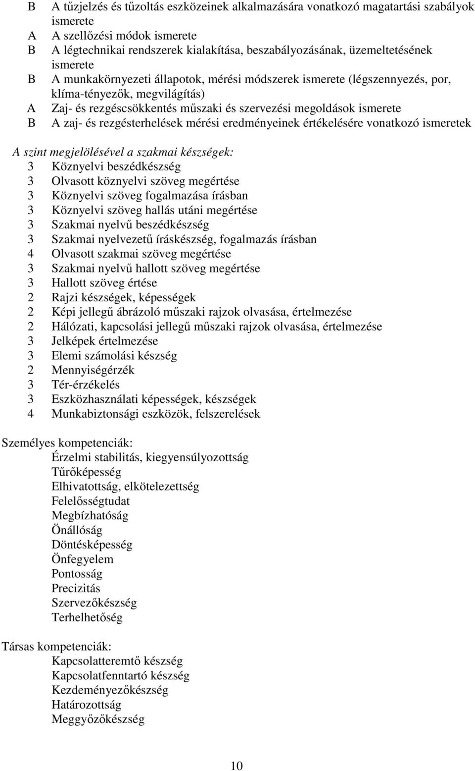 zaj- és rezgésterhelések mérési eredményeinek értékelésére vonatkozó ismeretek A szint megjelölésével a szakmai készségek: 3 Köznyelvi beszédkészség 3 Olvasott köznyelvi szöveg megértése 3 Köznyelvi