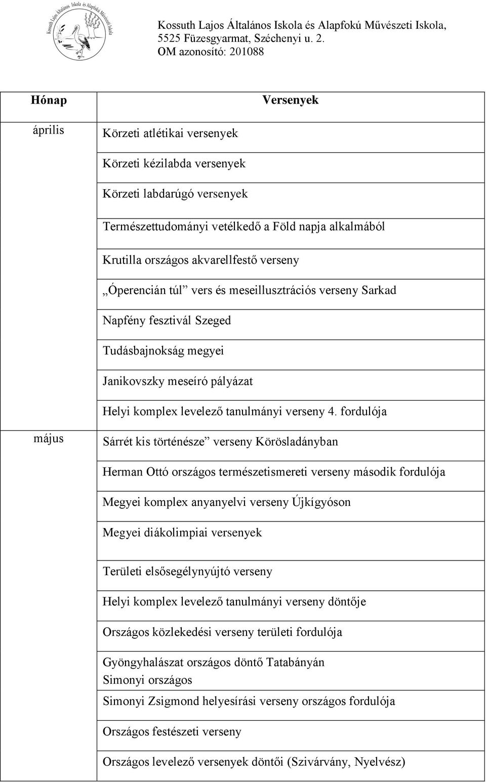 fordulója május Sárrét kis történésze verseny Körösladányban Herman Ottó országos természetismereti verseny második fordulója Megyei komplex anyanyelvi verseny Újkígyóson Megyei diákolimpiai