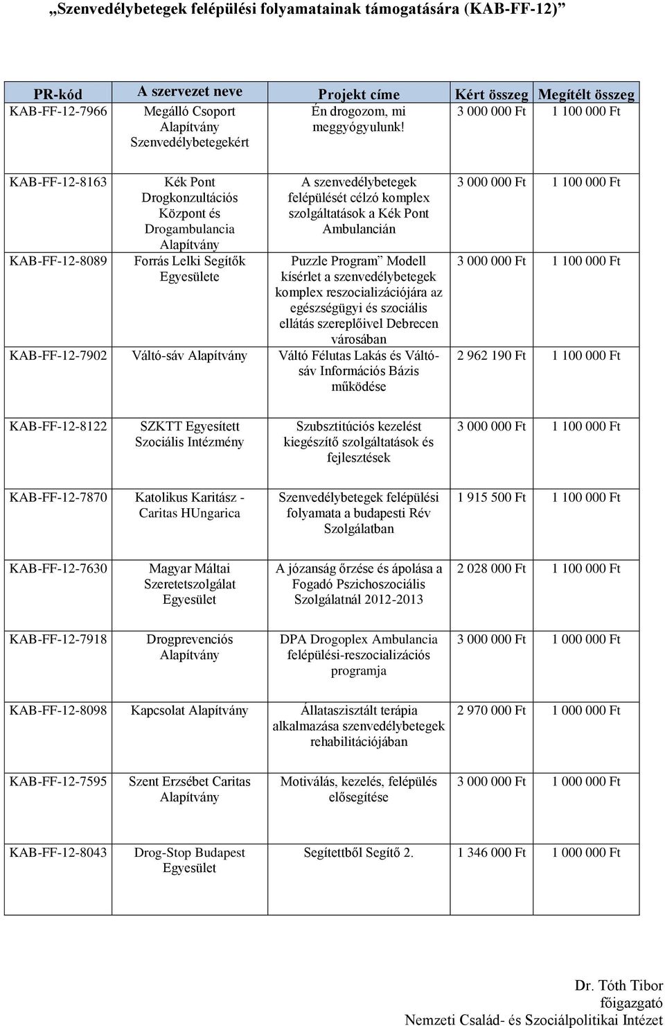 Puzzle Program Modell kísérlet a szenvedélybetegek komplex reszocializációjára az egészségügyi és szociális ellátás szereplőivel Debrecen városában KAB-FF-12-7902 Váltó-sáv Váltó Félutas Lakás és