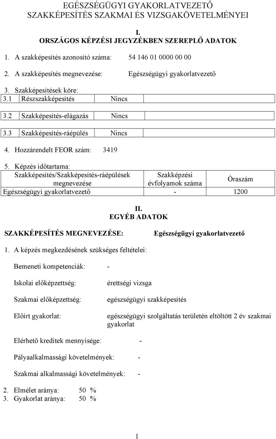 Hozzárendelt FEOR szám: 3419 5. Képzés időtartama: Szakképesítés/Szakképesítés-ráépülések Szakképzési Óraszám megnevezése évfolyamok száma Egészségügyi gyakorlatvezető - 1200 II.