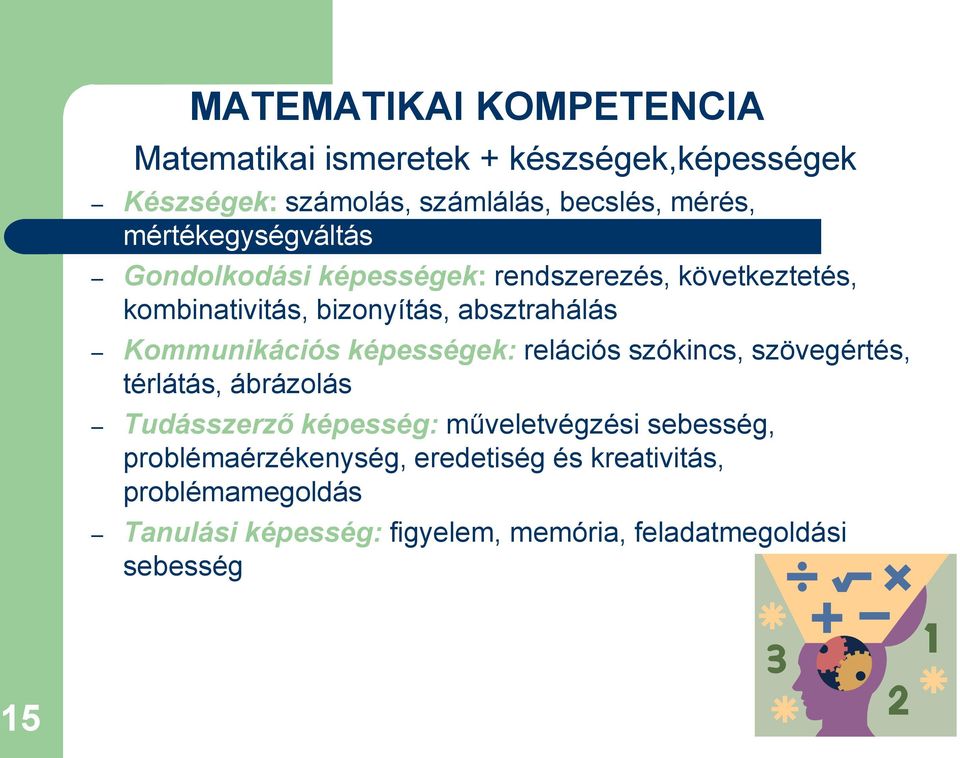 Kommunikációs képességek: relációs szókincs, szövegértés, térlátás, ábrázolás Tudásszerző képesség: műveletvégzési