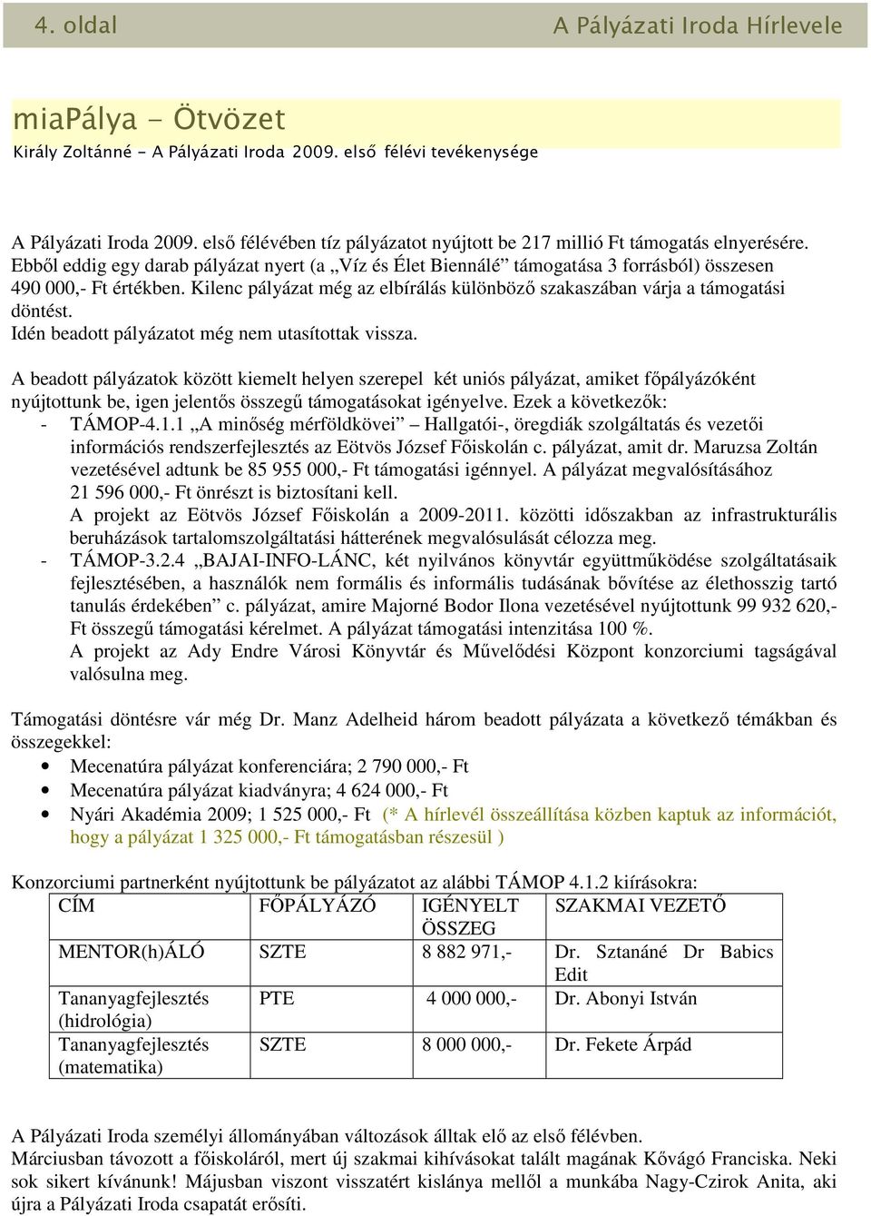 Kilenc pályázat még az elbírálás különbözı szakaszában várja a támogatási döntést. Idén beadott pályázatot még nem utasítottak vissza.