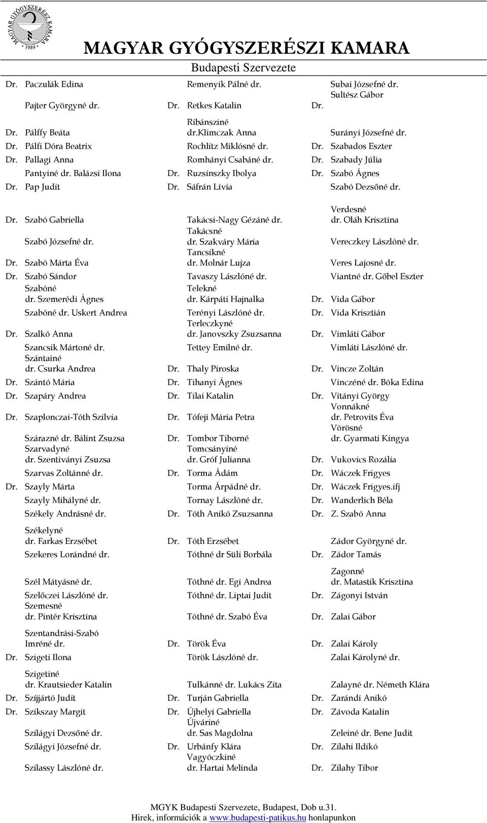 Dr. Szabó Márta Éva Takácsi-Nagy Gézáné dr. Takácsné dr. Szakváry Mária Tancsikné dr. Molnár Lujza Verdesné dr. Oláh Krisztina Vereczkey Lászlóné dr. Veres Lajosné dr. Dr.