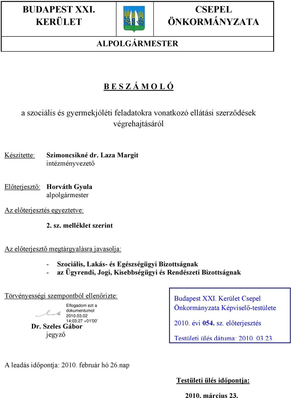 Laza Margit intézményvezető Előterjesztő: Horváth Gyula alpolgármester Az előterjesztés egyeztetve: 2. sz.