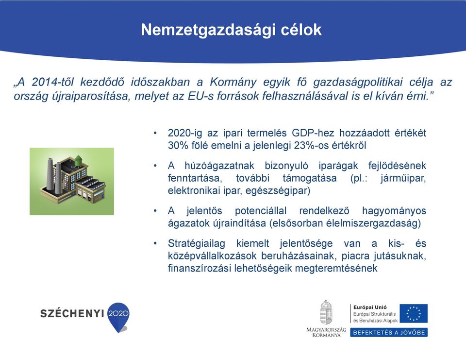 2020-ig az ipari termelés GDP-hez hozzáadott értékét 30% fölé emelni a jelenlegi 23%-os értékről A húzóágazatnak bizonyuló iparágak fejlődésének fenntartása,