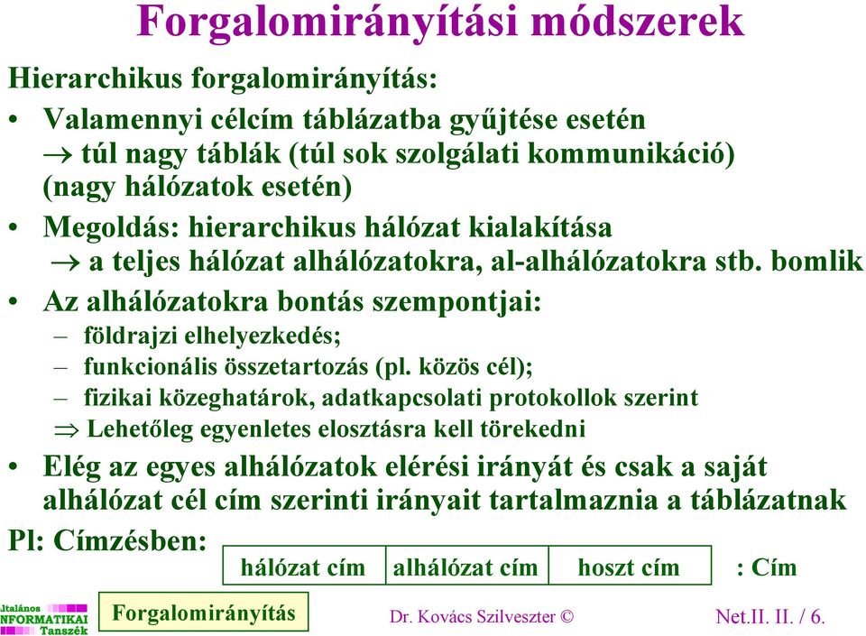 bomlik Az alhálózatokra bontás szempontjai: földrajzi elhelyezkedés; funkcionális összetartozás (pl.