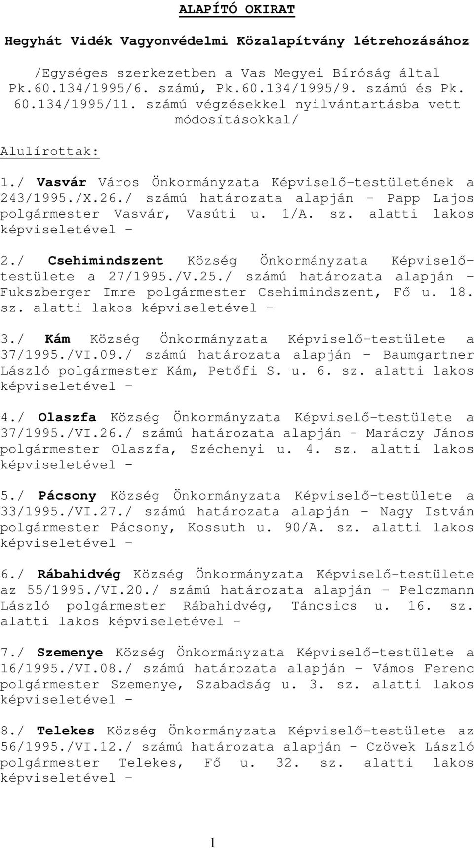 / számú határozata alapján Papp Lajos polgármester Vasvár, Vasúti u. 1/A. sz. alatti lakos 2./ Csehimindszent Község Önkormányzata Képviselıtestülete a 27/1995./V.25.
