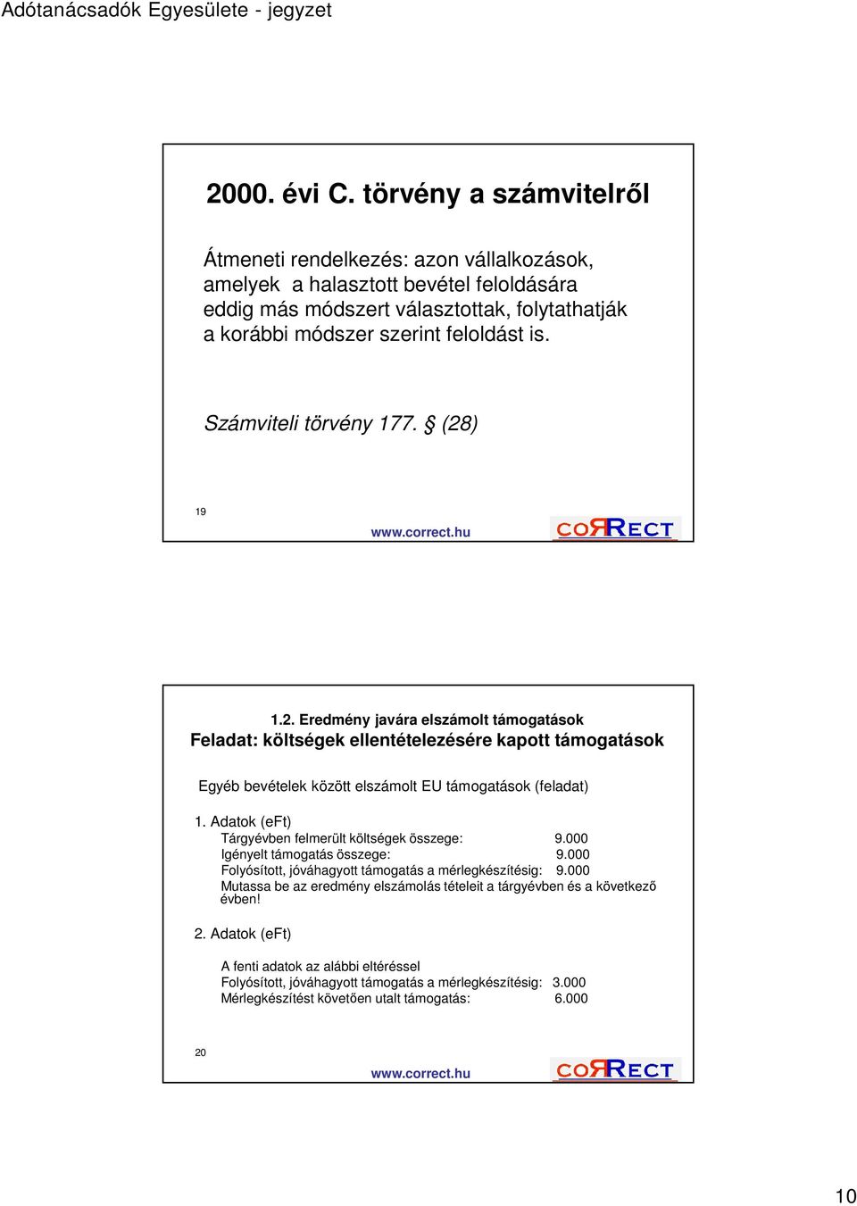 Számviteli törvény 177. (28) 19 1.2. Eredmény javára elszámolt támogatások Feladat: költségek ellentételezésére kapott támogatások Egyéb bevételek között elszámolt EU támogatások (feladat) 1.