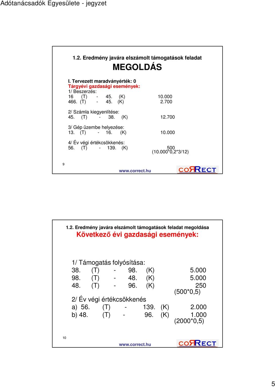 (K) 500 (10.000*0,2*3/12) 9 1.2. Eredmény javára elszámolt támogatások feladat megoldása Következő évi gazdasági események: 1/ Támogatás folyósítása: 38. (T) - 98.