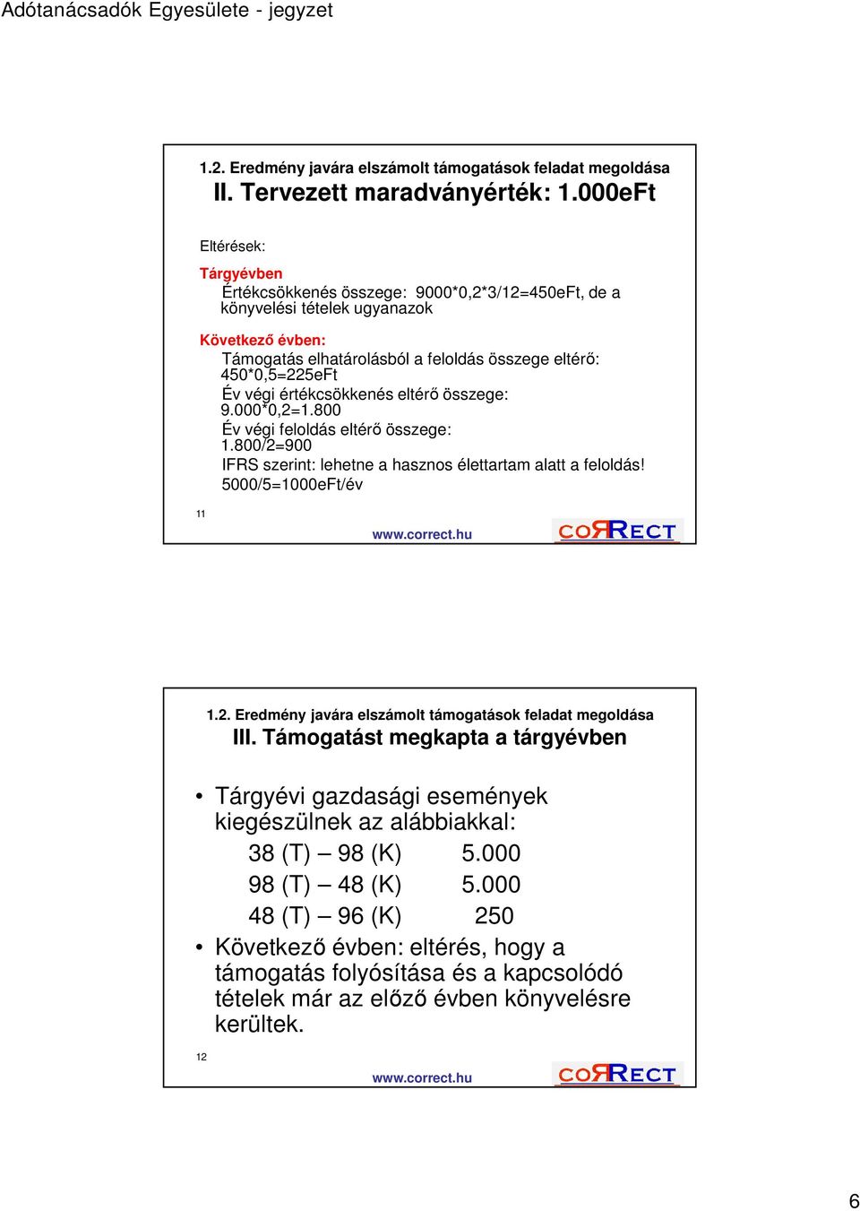 végi értékcsökkenés eltérő összege: 9.000*0,2=1.800 Év végi feloldás eltérő összege: 1.800/2=900 IFRS szerint: lehetne a hasznos élettartam alatt a feloldás! 5000/5=1000eFt/év 11 1.2. Eredmény javára elszámolt támogatások feladat megoldása III.