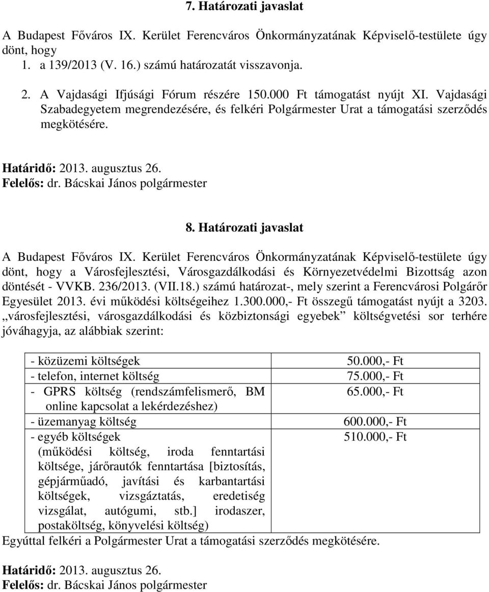 Határozati javaslat dönt, hogy a Városfejlesztési, Városgazdálkodási és Környezetvédelmi Bizottság azon döntését - VVKB. 236/2013. (VII.18.