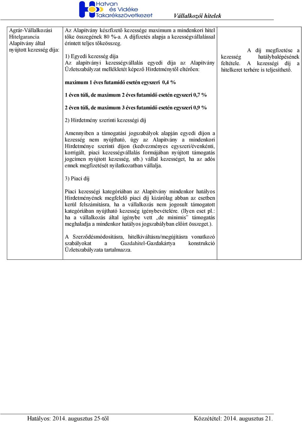 1) Egyedi kezesség díja Az alapítványi kezességvállalás egyedi díja az Alapítvány Üzletszabályzat mellékletét képező Hirdetménytől eltérően: A díj megfizetése a kezesség hatálybalépésének feltétele.