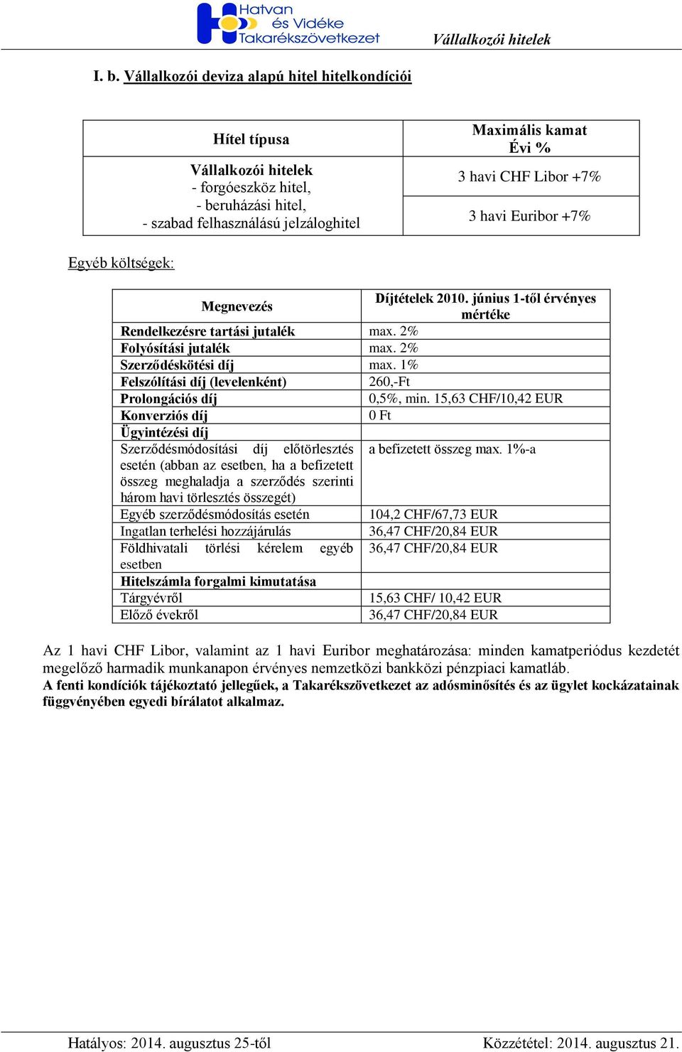 1% Felszólítási díj (levelenként) 260,-Ft Prolongációs díj 0,5%, min. 15,63 CHF/10,42 EUR Konverziós díj 0 Ft Ügyintézési díj Szerződésmódosítási díj előtörlesztés a befizetett összeg max.