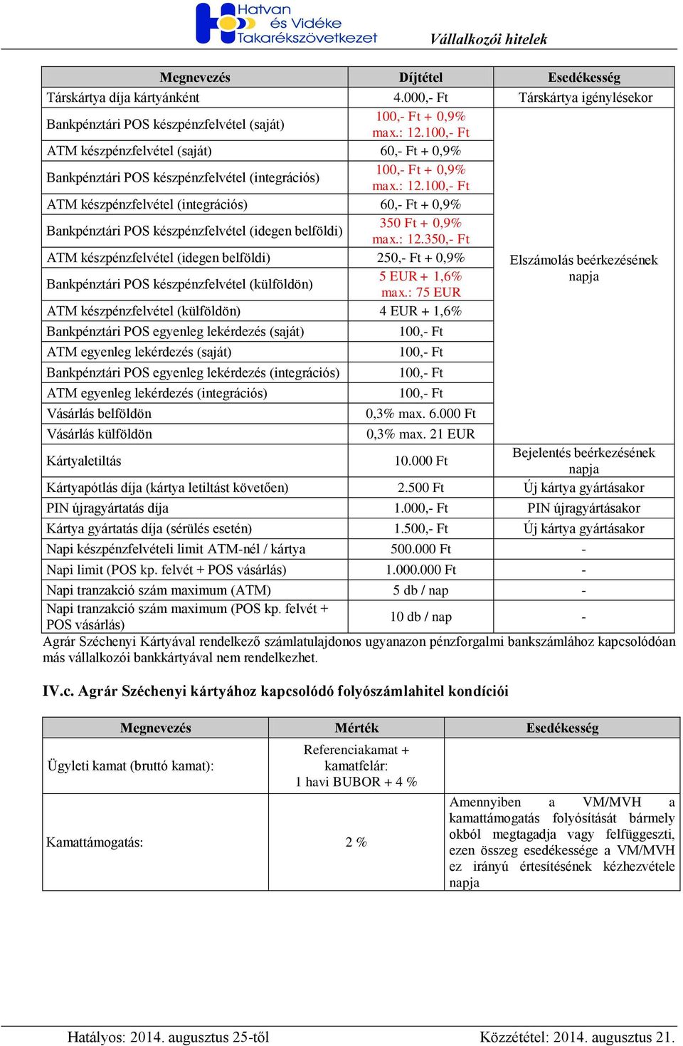 ATM készpénzfelvétel (integrációs) 60,- Ft + 0,9% Bankpénztári POS készpénzfelvétel (idegen belföldi) 350 Ft + 0,9% max.: 12.