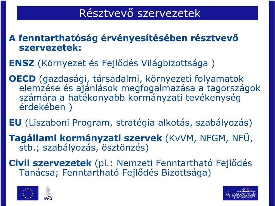 kormányzati tevékenység érdekében ) EU (Liszaboni Program, stratégia alkotás, szabályozás) Tagállami kormányzati szervek (KvVM,