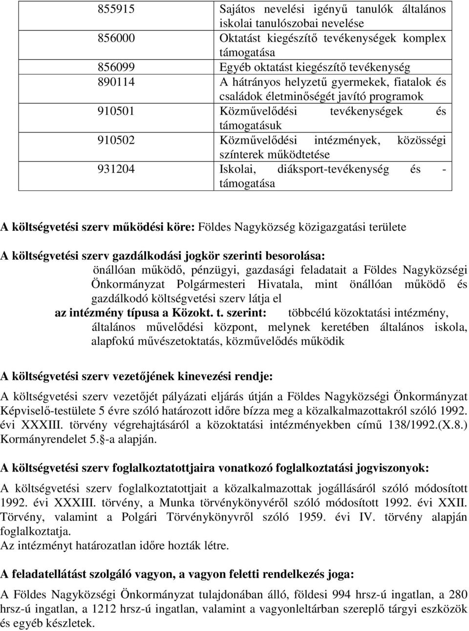 931204 Iskolai, diáksport-tevékenység és - támogatása A költségvetési szerv működési köre: Földes Nagyközség közigazgatási területe A költségvetési szerv gazdálkodási jogkör szerinti besorolása: