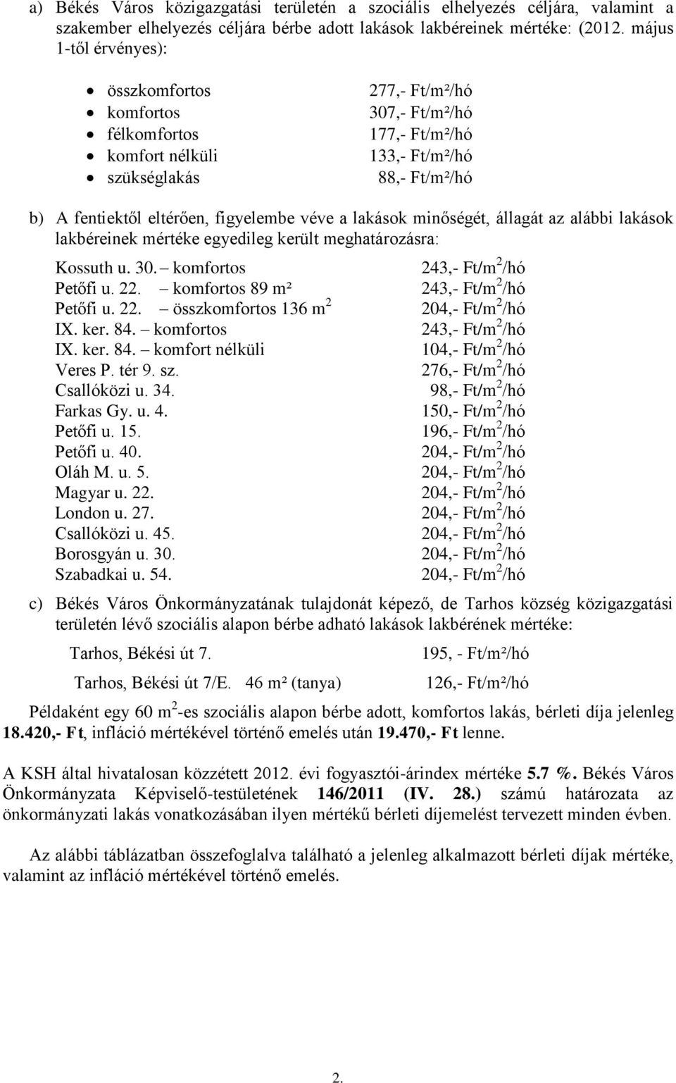 véve a lakások minőségét, állagát az alábbi lakások lakbéreinek mértéke egyedileg került meghatározásra: Kossuth u. 30. komfortos 243,- Ft/m 2 /hó Petőfi u. 22.