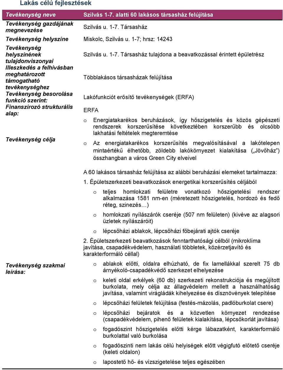 Tevékenység célja Szilvás u. 1-7.
