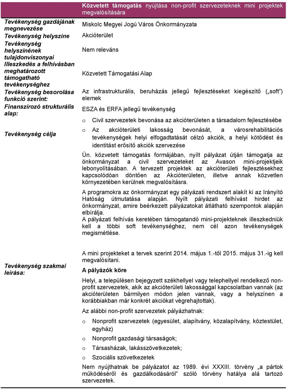 Közvetett Támgatási Alap Az infrastrukturális, beruházás jellegű fejlesztéseket kiegészítő ( sft ) elemek ESZA és ERFA jellegű tevékenység Civil szervezetek bevnása az akcióterületen a társadalm
