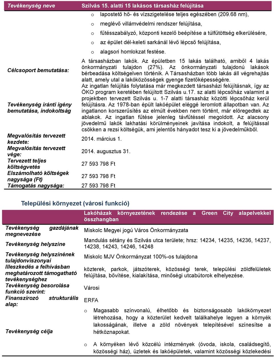 68 nm), meglévő villámvédelmi rendszer felújítása, fűtésszabályzó, közpnti kezelő beépítése a túlfűtöttség elkerülésére, az épület dél-keleti sarkánál lévő lépcső felújítása, alagsri hmlkzat festése.