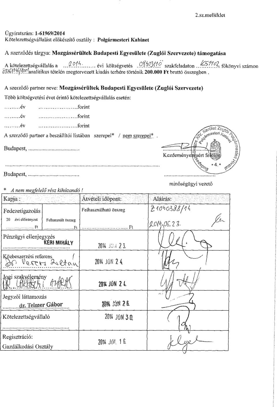 A szerződő partner neve: Mozgássérültek Budapesti Egyesülete (Zuglói Szervezete) Több költségvetési évet érintő kötelezettségvállalás esetén: év év év forint forint forint A szerződő partner a