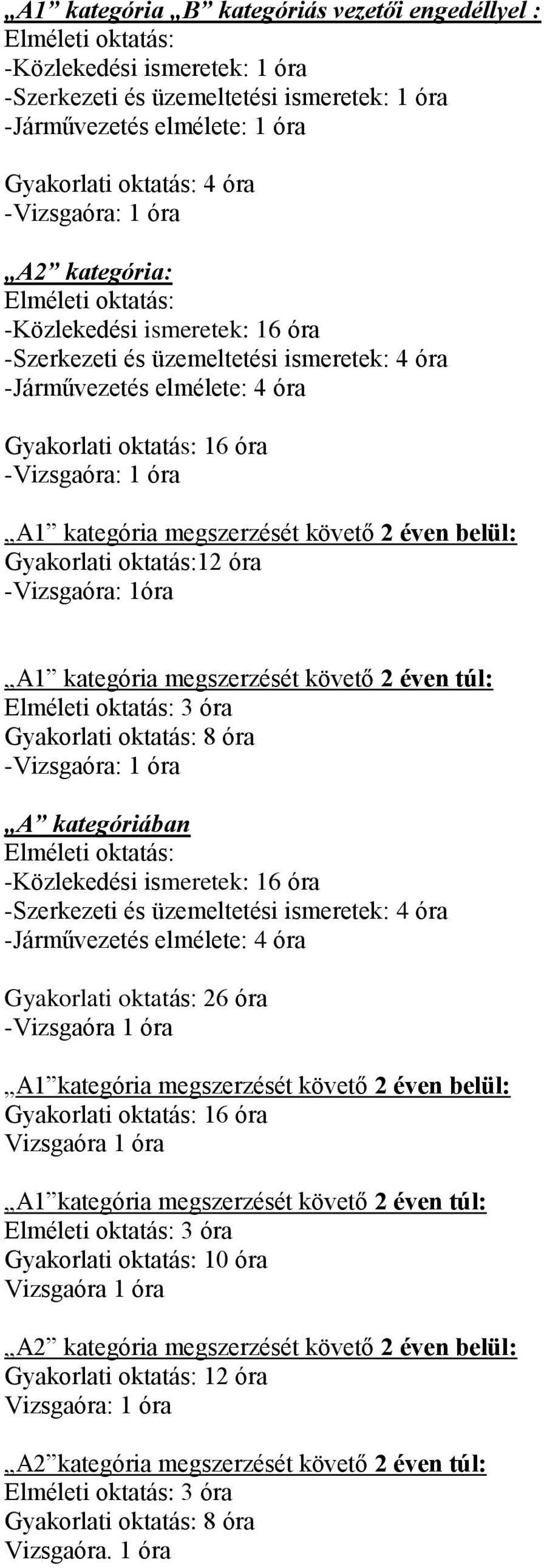 éven belül: Gyakorlati oktatás:12 óra -Vizsgaóra: 1óra A1 kategória megszerzését követő 2 éven túl: 3 óra Gyakorlati oktatás: 8 óra -Vizsgaóra: 1 óra A kategóriában -Közlekedési ismeretek: 16 óra