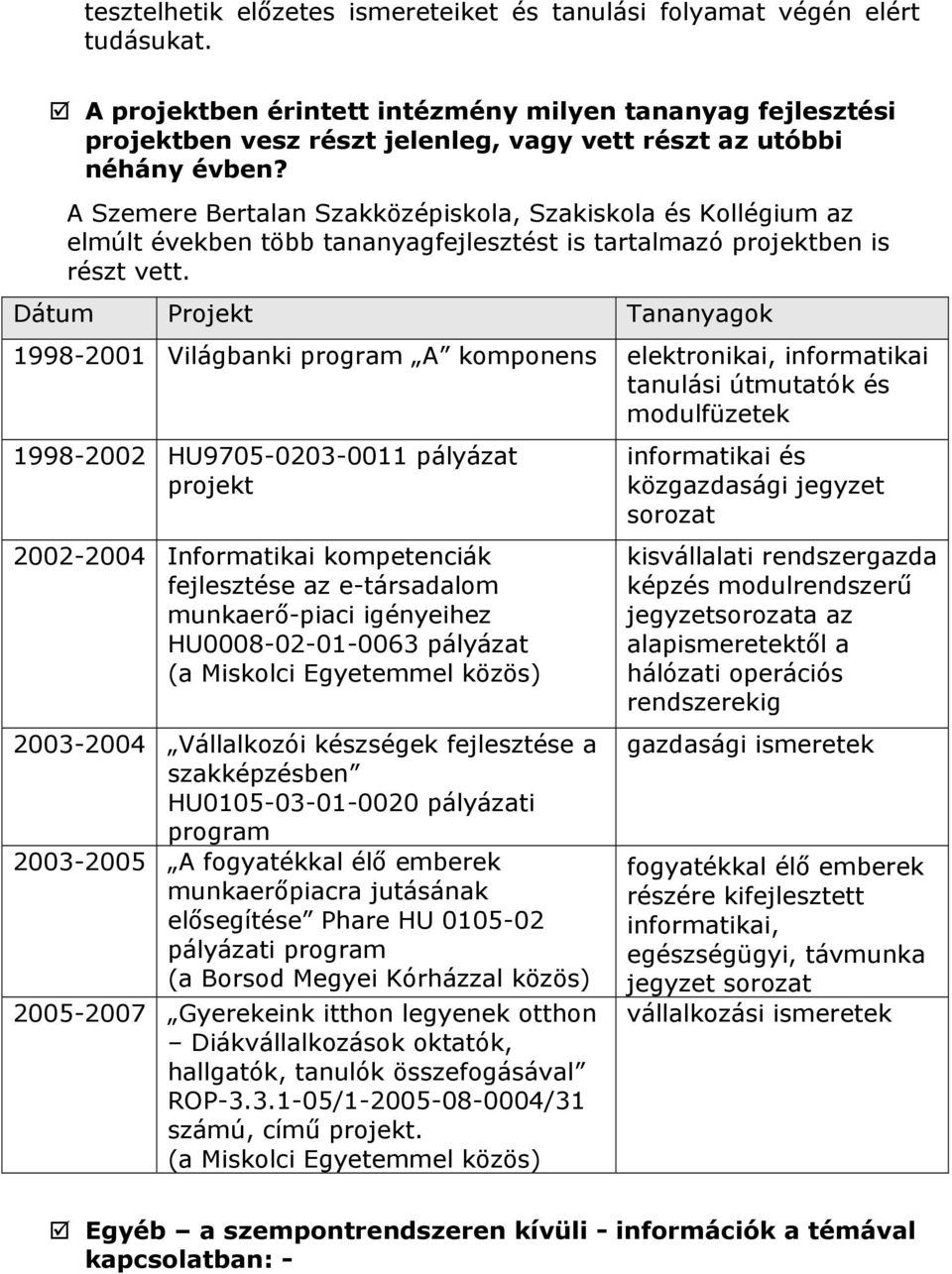 A Szemere Bertalan Szakközépiskola, Szakiskola és Kollégium az elmúlt években több tananyagfejlesztést is tartalmazó projektben is részt vett.