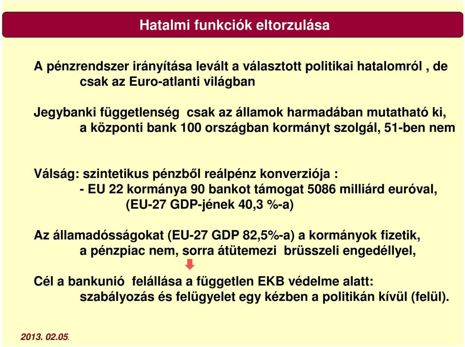 22 kormánya 90 bankot támogat 5086 milliárd euróval, (EU-27 GDP-jének 40,3 %-a) Az államadósságokat (EU-27 GDP 82,5%-a) a kormányok fizetik, a pénzpiac