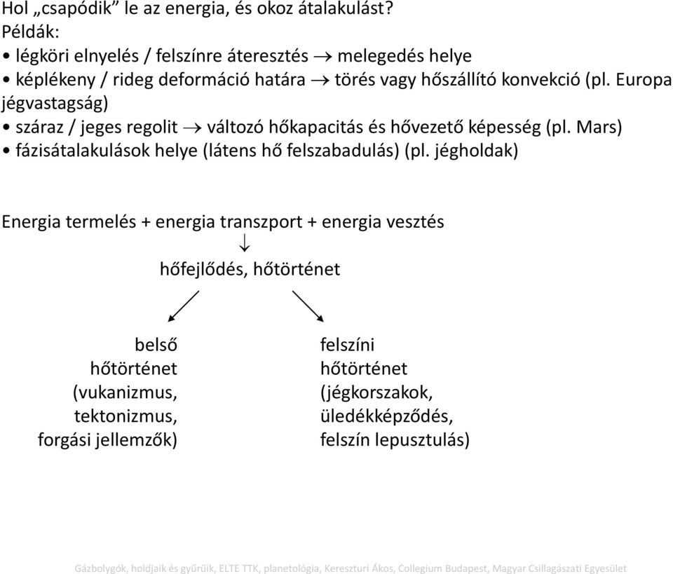 Europa jégvastagság) száraz / jeges regolit változó hőkapacitás és hővezető képesség (pl. Mars) fázisátalakulások helye (látens hő felszabadulás) (pl.