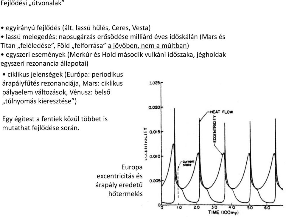 jövőben, nem a múltban) egyszeri események (Merkúr és Hold második vulkáni időszaka, jégholdak egyszeri rezonancia állapotai) ciklikus