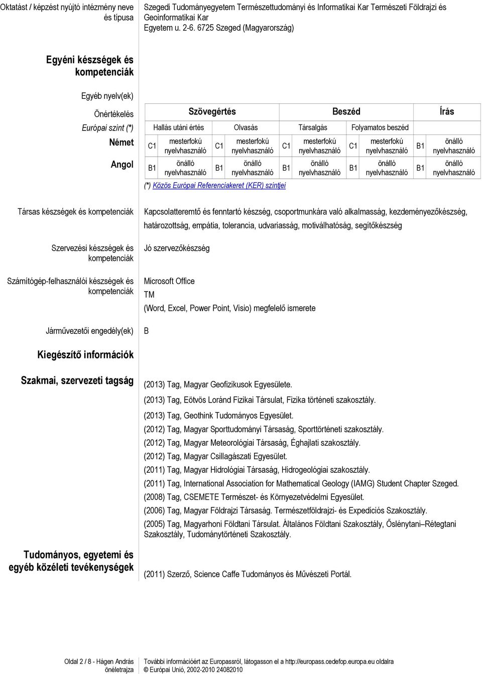 mesterfokú C1 mesterfokú (*) Közös Európai Referenciakeret (KER) szintjei C1 mesterfokú C1 mesterfokú Társas készségek és kompetenciák Szervezési készségek és kompetenciák Számítógép-felhasználói