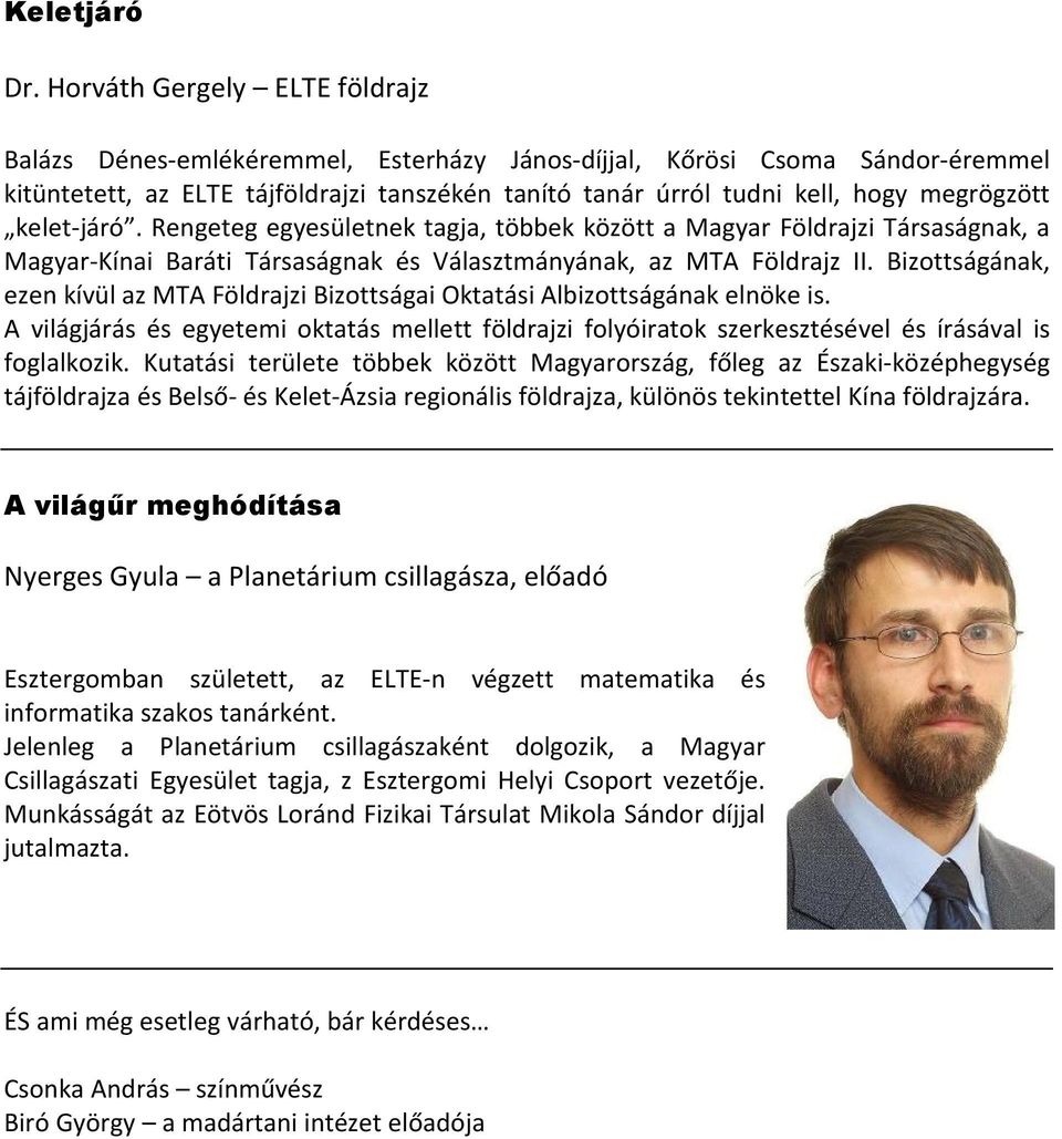 kelet-járó. Rengeteg egyesületnek tagja, többek között a Magyar Földrajzi Társaságnak, a Magyar-Kínai Baráti Társaságnak és Választmányának, az MTA Földrajz II.