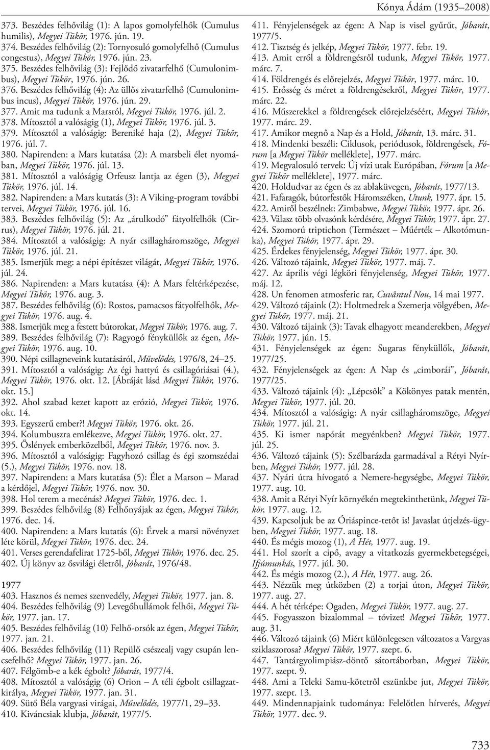 377. Amit ma tudunk a Marsról, Megyei Tükör, 1976. júl. 2. 378. Mítosztól a valóságig (1), Megyei Tükör, 1976. júl. 3. 379. Mítosztól a valóságig: Bereniké haja (2), Megyei Tükör, 1976. júl. 7. 380.