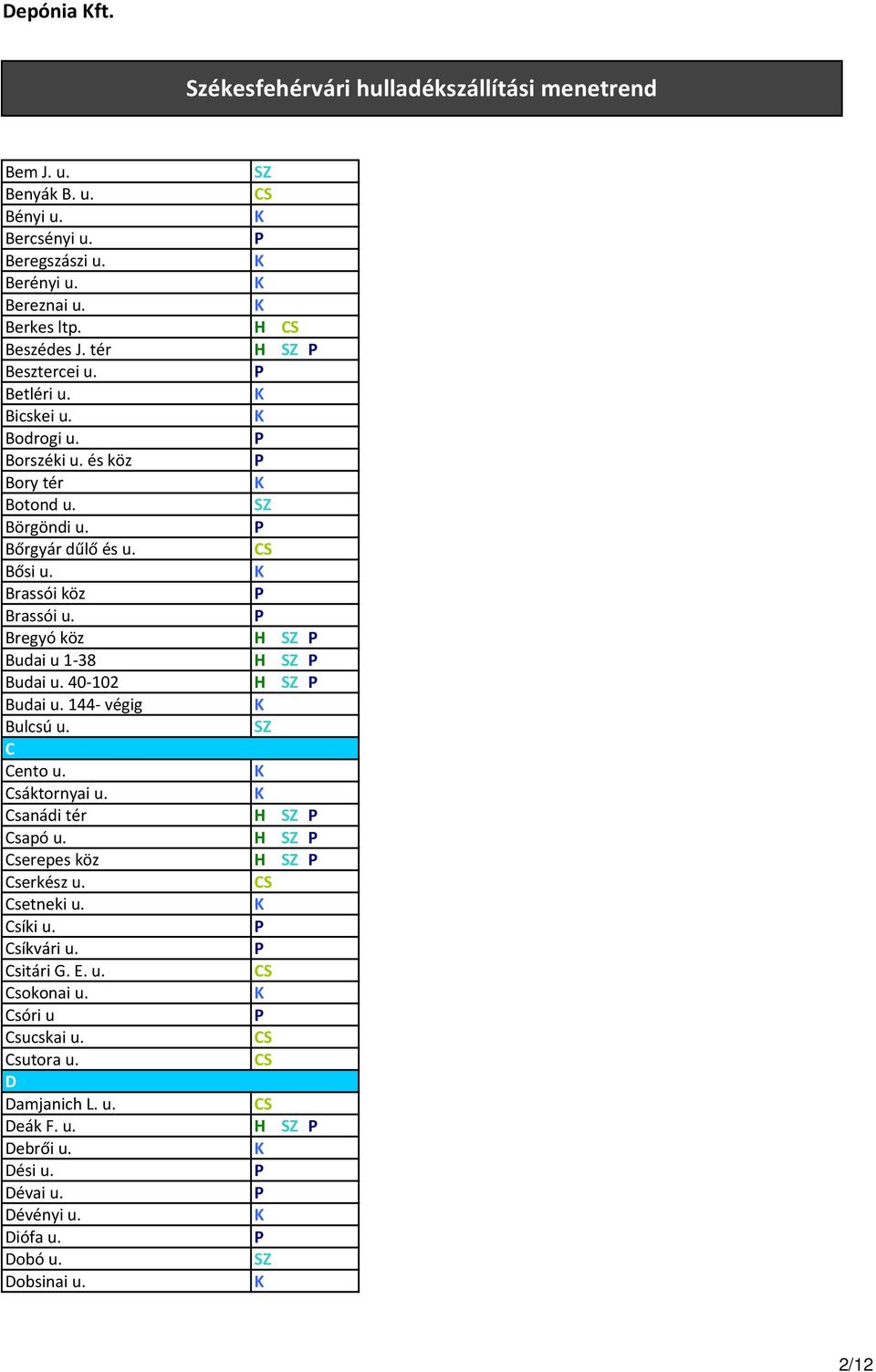 40-102 Budai u. 144- végig Bulcsú u. C Cento u. Csáktornyai u. Csanádi tér Csapó u. Cserepes köz Cserkész u. Csetneki u. Csíki u. Csíkvári u. Csitári G. E.