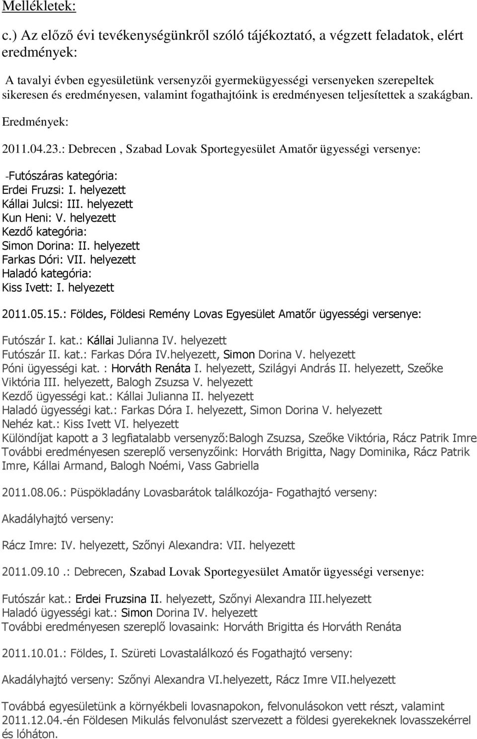 valamint fogathajtóink is eredményesen teljesítettek a szakágban. Eredmények: 2011.04.23.: Debrecen, Szabad Lovak Sportegyesület Amatőr ügyességi versenye: -Futószáras kategória: Erdei Fruzsi: I.