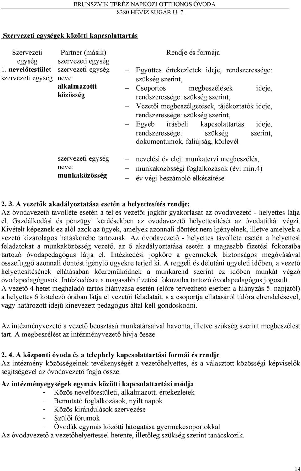 Csoportos megbeszélések ideje, rendszeressége: szükség szerint, Vezetői megbeszélgetések, tájékoztatók ideje, rendszeressége: szükség szerint, Egyéb írásbeli kapcsolattartás ideje, rendszeressége: