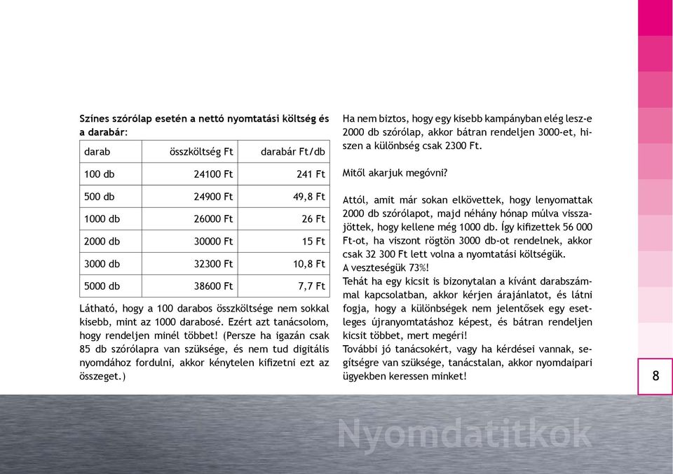 (Persze ha igazán csak 85 db szórólapra van szüksége, és nem tud digitális nyomdához fordulni, akkor kénytelen kifizetni ezt az összeget.