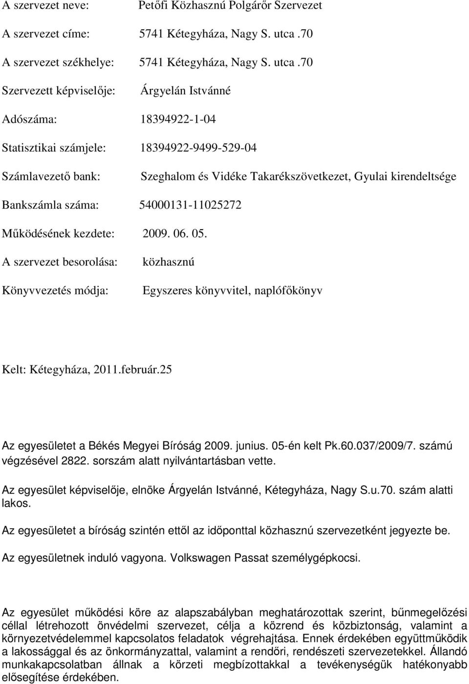 70 Szervezett képviselője: Árgyelán Istvánné Adószáma: 18394922-1-04 Statisztikai számjele: 18394922-9499-529-04 Számlavezető bank: Szeghalom és Vidéke Takarékszövetkezet, Gyulai kirendeltsége