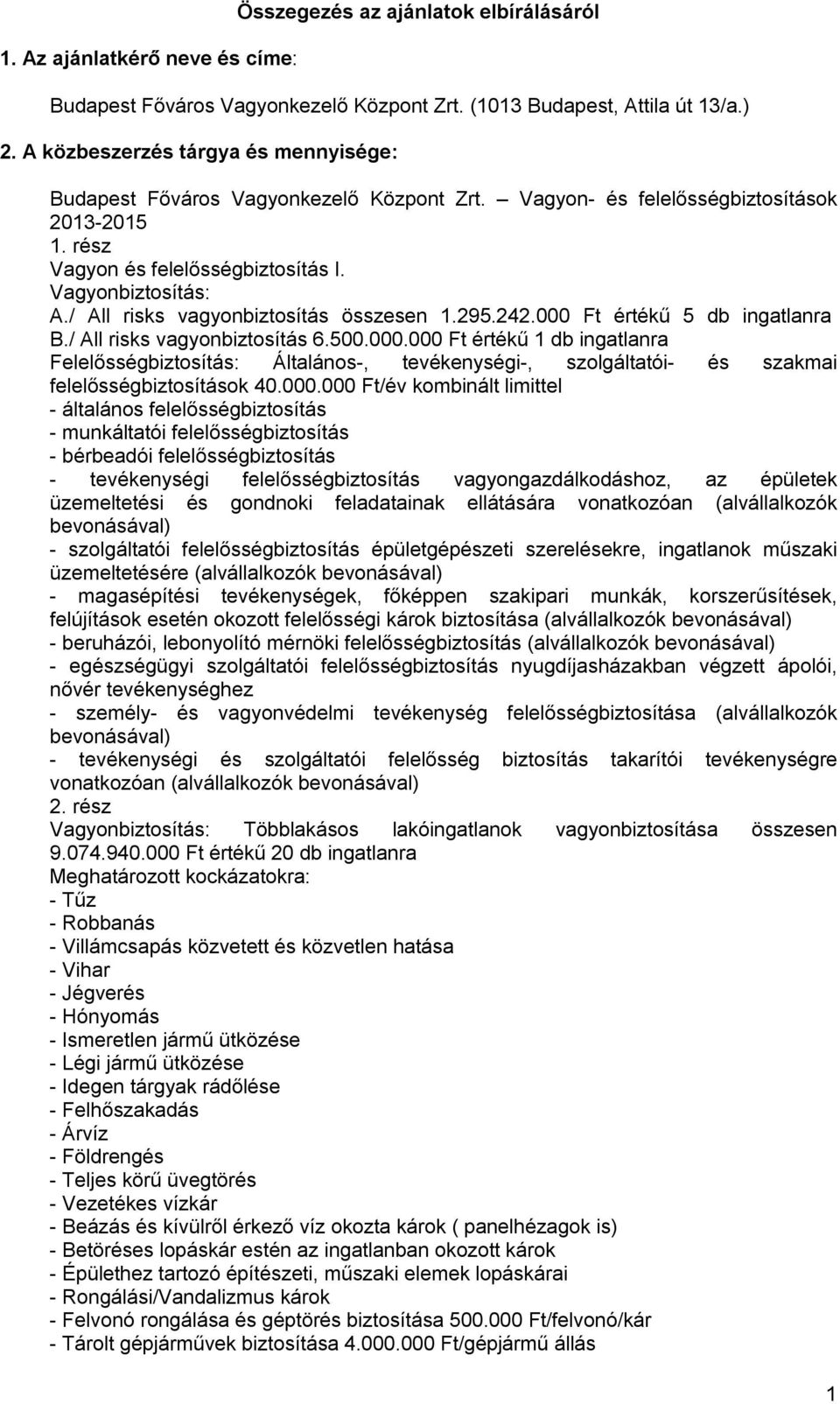 / All risks vagyonbiztosítás összesen 1.295.242.000 Ft értékű 5 db ingatlanra B./ All risks vagyonbiztosítás 6.500.000.000 Ft értékű 1 db ingatlanra Felelősségbiztosítás: Általános-, tevékenységi-, szolgáltatói- és szakmai felelősségbiztosítások 40.