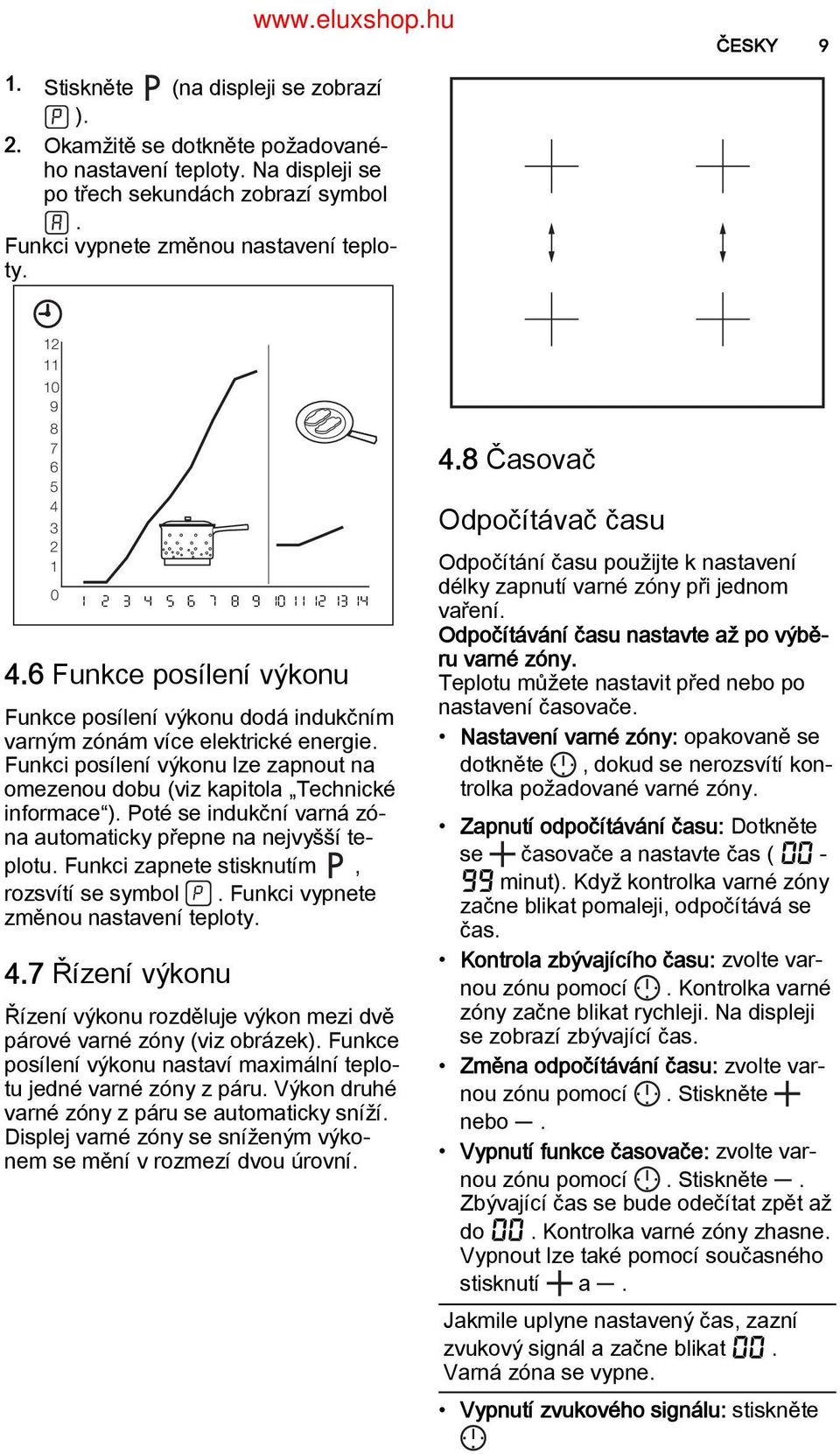 Funkci posílení výkonu lze zapnout na omezenou dobu (viz kapitola Technické informace ). Poté se indukční varná zó na automaticky přepne na nejvyšší te, plotu.