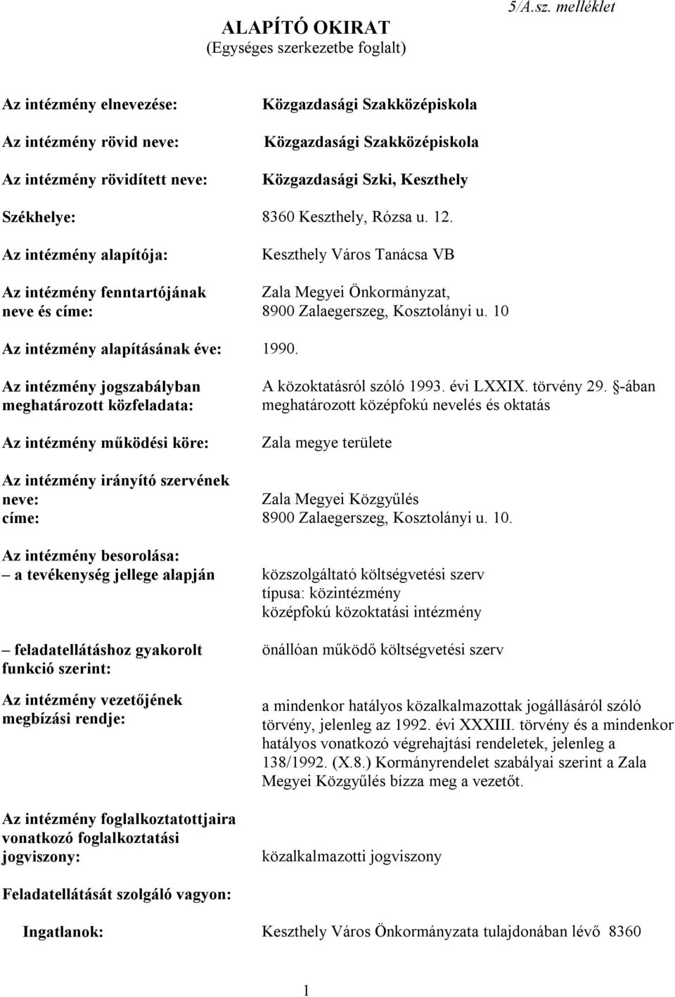 melléklet Az intézmény elnevezése: Az intézmény rövid neve: Az intézmény rövidített neve: Közgazdasági Szakközépiskola Közgazdasági Szakközépiskola Közgazdasági Szki, Keszthely Székhelye: 8360