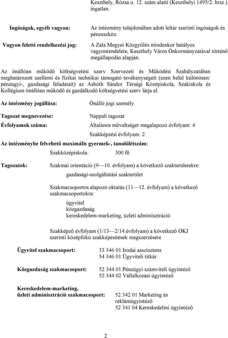 A Zala Megyei Közgyűlés mindenkor hatályos vagyonrendelete, Keszthely Város Önkormányzatával történő megállapodás alapján.