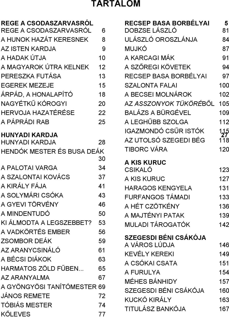 AZ ASSZONYOK TÜKÖRÉBŐL 105 HERVOJA HAZATÉRÉSE 22 BALÁZS A BÜRGÉVEL 109 A PÁPRÁDI RAB 25 A LEGHŰBB SZOLGA 112 IGAZMONDÓ CSŰR ISTÓK 115 HUNYADI KARDJA 27 HUNYADI KARDJA 28 HENDÓK MESTER ÉS BUSA DEÁK 30