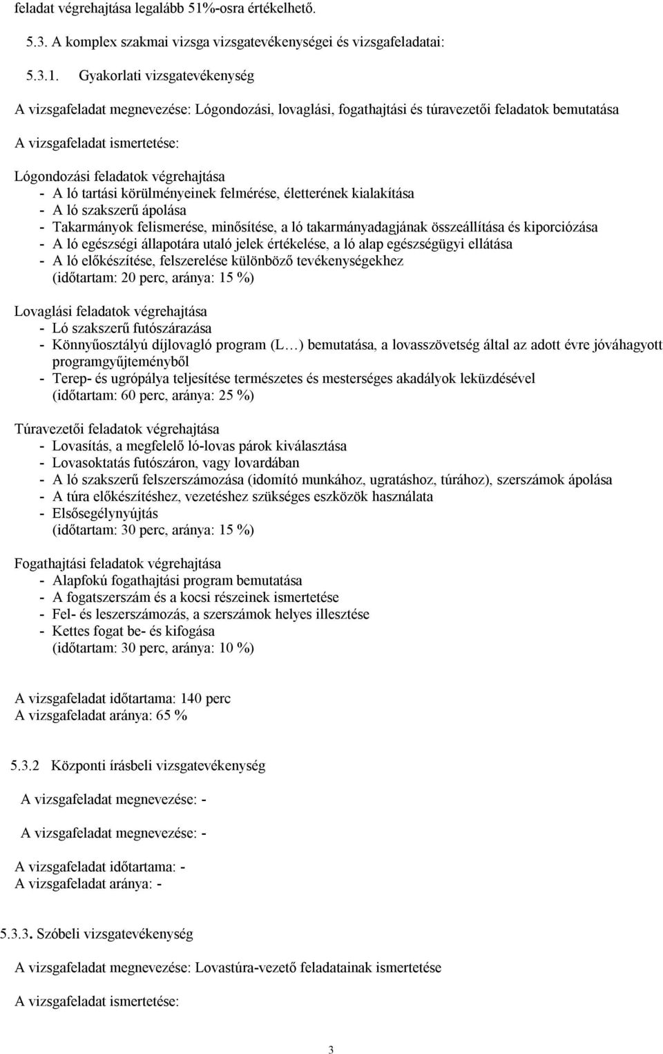 Gyakorlati vizsgatevékenység A vizsgafeladat megnevezése: Lógondozási, lovaglási, fogathajtási és túravezetői feladatok bemutatása A vizsgafeladat ismertetése: Lógondozási feladatok végrehajtása - A