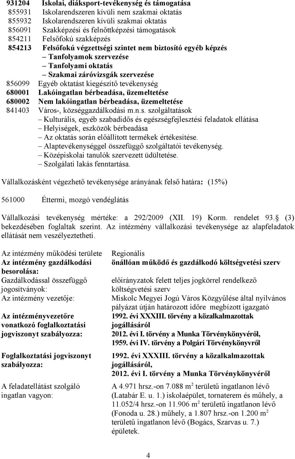 tevékenység 680001 Lakóingatlan bérbeadása, üzemeltetése 680002 Nem lakóingatlan bérbeadása, üzemeltetése 841403 Város-, községgazdálkodási m.n.s. szolgáltatások Kulturális, egyéb szabadidős és egészségfejlesztési feladatok ellátása Helyiségek, eszközök bérbeadása Az oktatás során előállított termékek értékesítése.