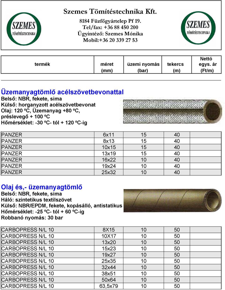 Külső: NBR/EPDM, fekete, kopásálló, antistatikus Hőmérséklet: -25 ºC- tól + 60 ºC-ig Robbanó nyomás: 30 bar CARBOPRESS N/L 10 8X15 10 50 CARBOPRESS N/L 10 10X17 10 50 CARBOPRESS N/L 10 13x20 10 50