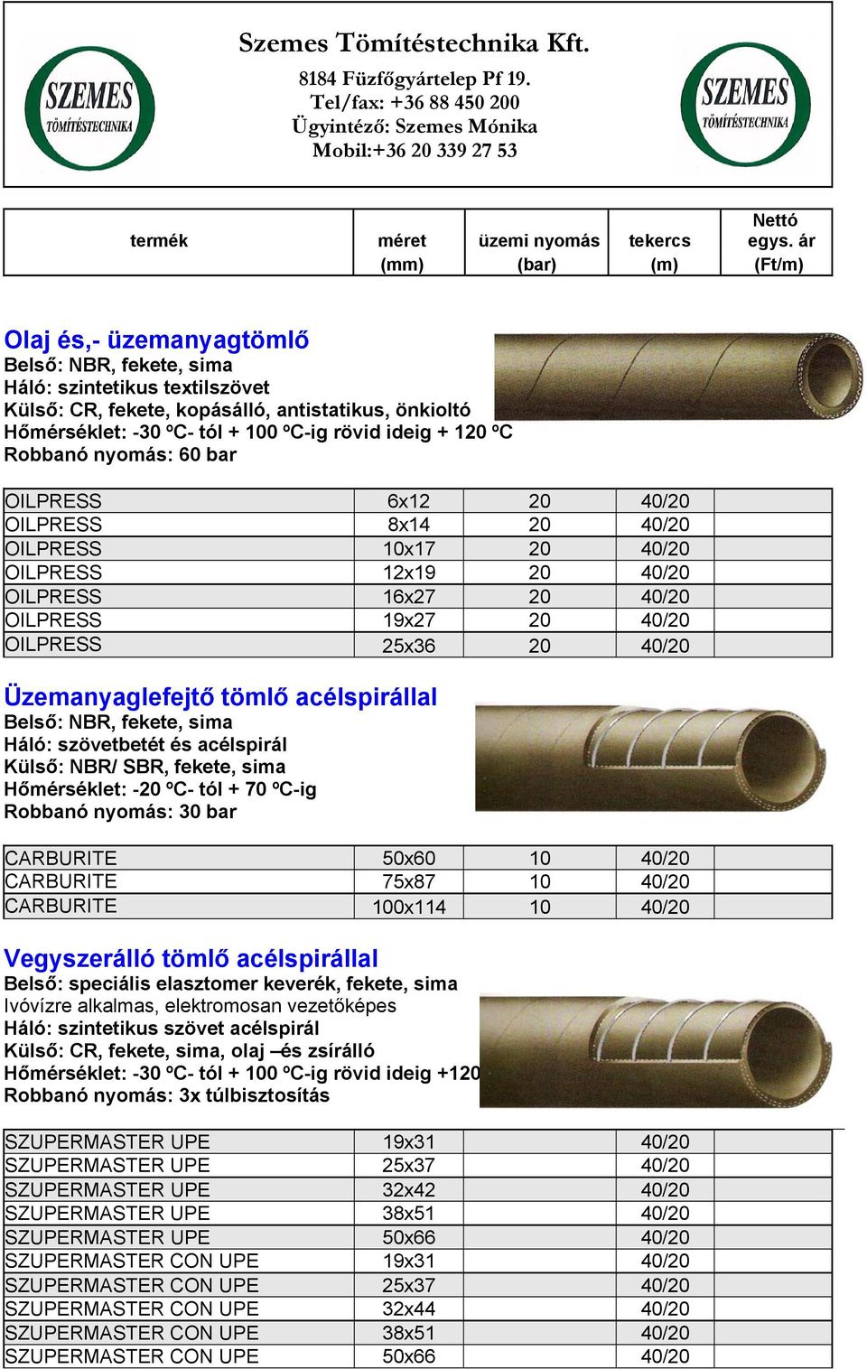 tömlő acélspirállal Belső: NBR, fekete, sima Háló: szövetbetét és acélspirál Külső: NBR/ SBR, fekete, sima Hőmérséklet: -20 ºC- tól + 70 ºC-ig Robbanó nyomás: 30 bar CARBURITE 50x60 10 40/20