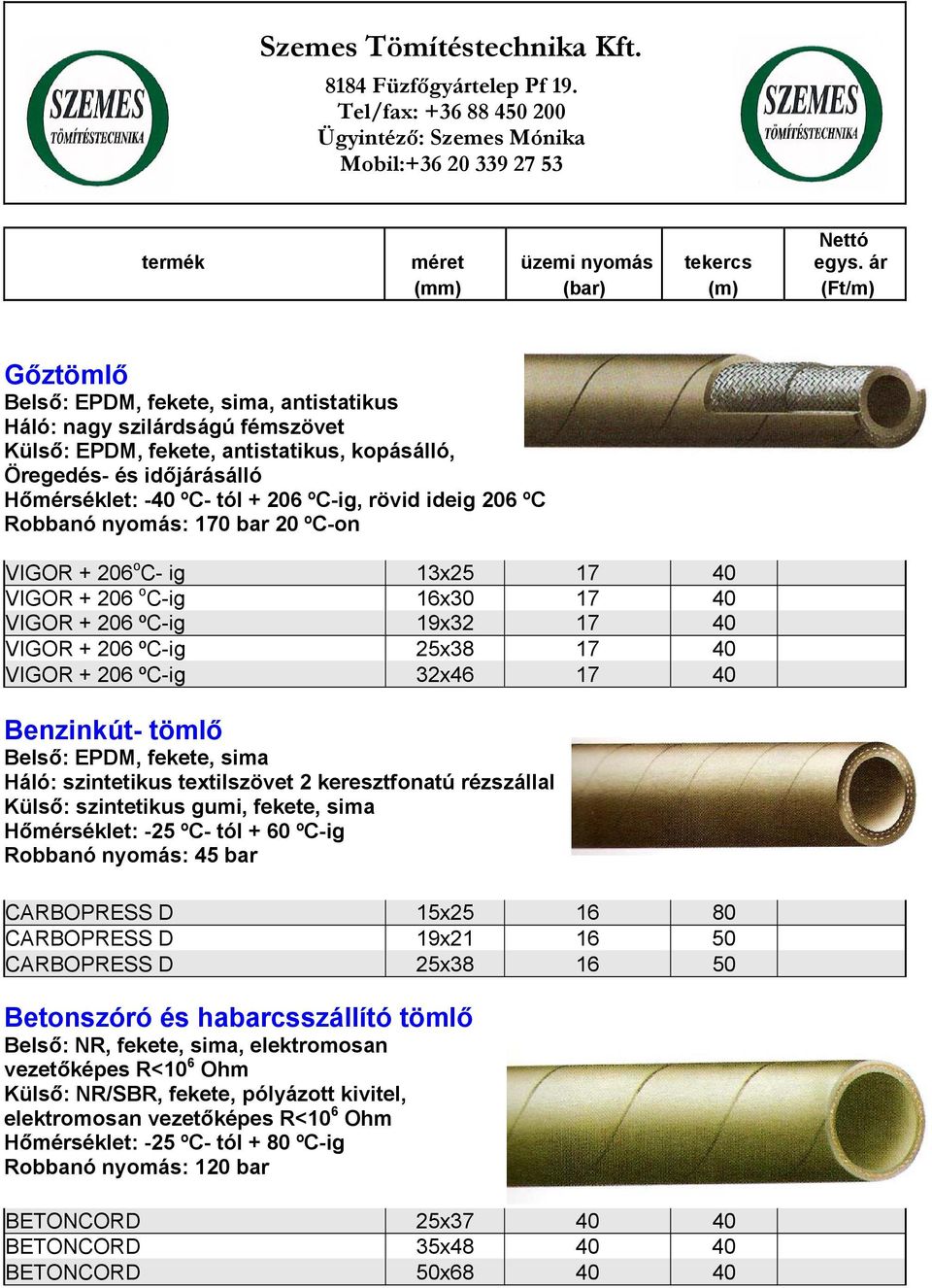 Benzinkút- tömlő Belső: EPDM, fekete, sima Háló: szintetikus textilszövet 2 keresztfonatú rézszállal Külső: szintetikus gumi, fekete, sima Hőmérséklet: -25 ºC- tól + 60 ºC-ig Robbanó nyomás: 45 bar