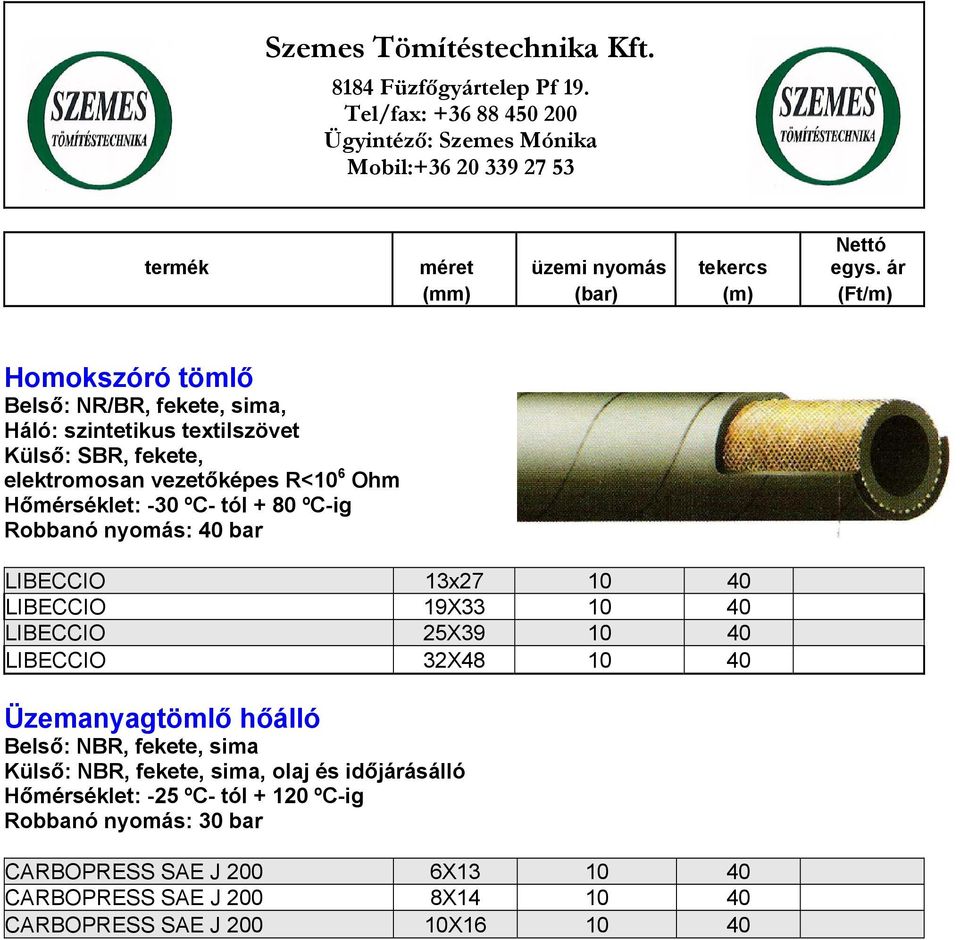 32X48 10 40 Üzemanyagtömlő hőálló Belső: NBR, fekete, sima Külső: NBR, fekete, sima, olaj és időjárásálló Hőmérséklet: -25 ºC- tól